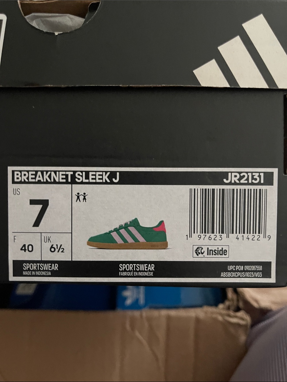 adidas Kids BREAKNET SLEEK J Teal Suede Sneaker with Pink Stripes - Picture 2 of 9
